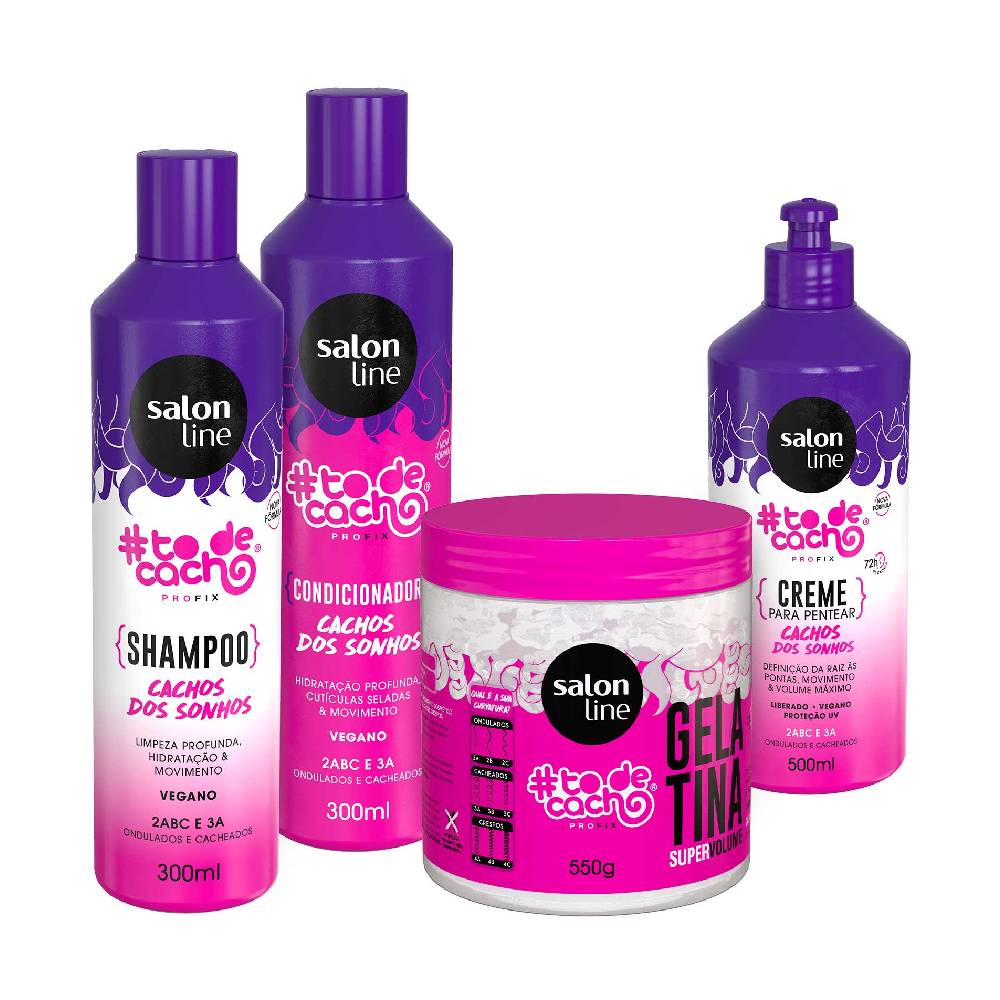 Kit Salon Line Todecacho Cachos Dos Sonhos Shampoo 300ml Condicionador 300ml Creme Para Pentear 500ml Gelatina 550g Soneda Perfumaria